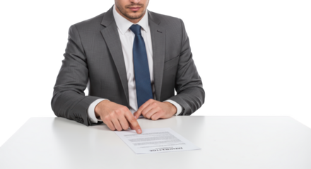 Businessman in gray suit pointing at a contract on a white table
