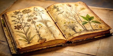 Aged leather-bound book with yellowed pages containing sketches of various plants and notes in the margin, scientific notation, nature study