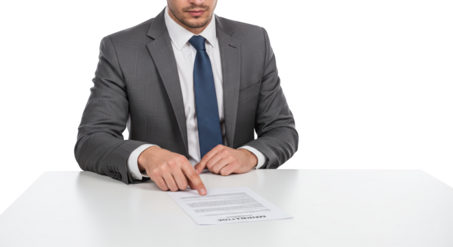 Businessman in gray suit pointing at a contract on a white table