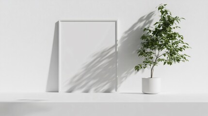 Fototapeta premium Elegant Blank White Frame with Plant Pot Isolated Mockup for Interior Designers and Decorators