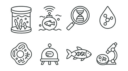 Marine biology and genetics icons set &ndash; aquarium, fish, dna, microscope, cell, droplet