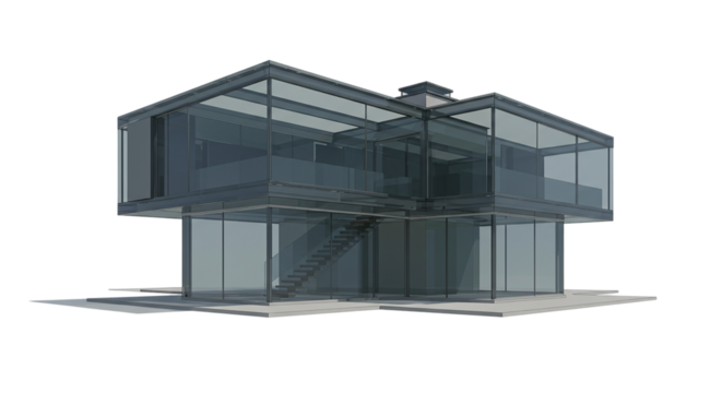 A modern glass house with a flat roof and a staircase visible through the glass walls on a gray surface