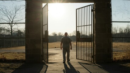 Prisoner walks through open gate into sunlight