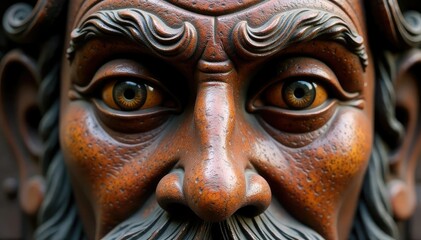 Naklejka premium Close-up of a carved wooden face, revealing a repeating motif , texture, rustic, design