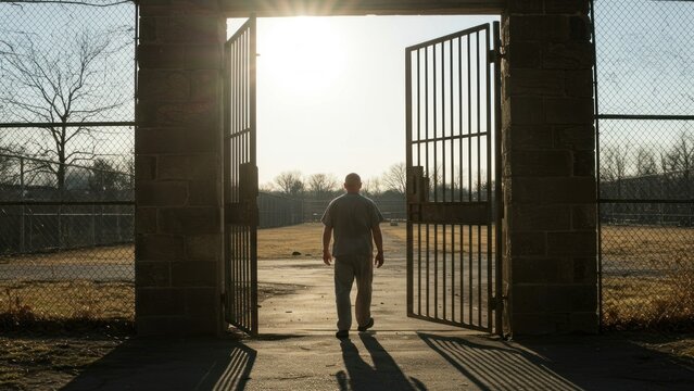 Prisoner walks through open gate into sunlight