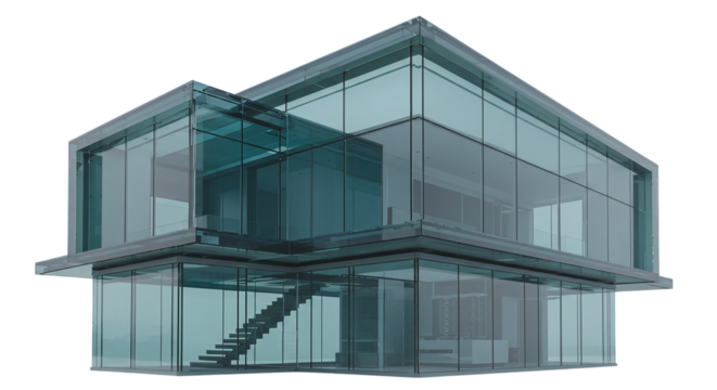 A modern glass building with visible stairs and a flat roof against a dark obscured background view point
