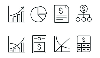 Financial growth and analysis icons set – chart, pie, invoice, hierarchy, calculator