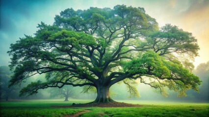 Detailed description of a massive ancient oak tree standing alone in a misty forest clearing, wood, forest,  wood, forest, forest