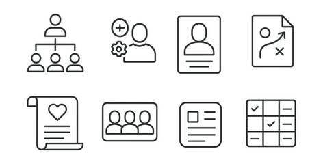 Human resources icons set – hierarchy, recruitment, profile, strategy, document, team, schedule, checklist