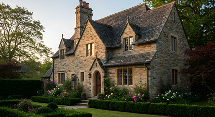 Fototapeta premium Charming Stone Cottage With Landscaped Garden In Tranquil Setting