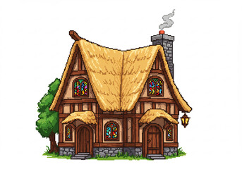 Fototapeta premium Charming Thatched Roof Cottage Pixel Art Illustration
