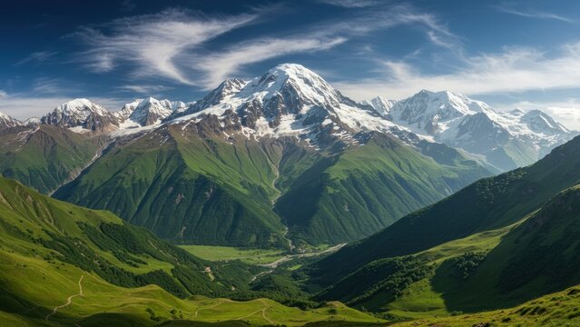 Majestic snow-capped mountains under a partly cloudy sky