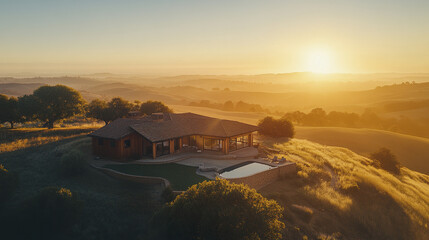 serene hilltop rental house with panoramic valley views at sunset, creating peaceful atmosphere