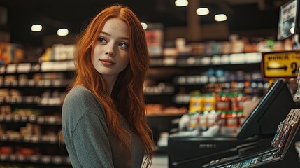 A smiling young woman with long, curly red hair sits at a checkout counter in a retail environment.