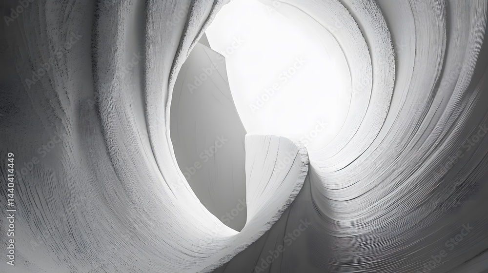 Poster abstract grayscale image of a swirling, textured tunnel leading to a bright light source. the smooth