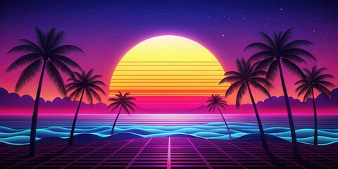 Fototapeta premium Retro neon beach sunset with palm trees and waves , retro, design , retro, design , colors, atmosphere, neon, synthwave