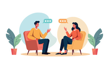 Professional cartoon style vector illustration of two people engaged in a relaxed conversation in modern armchairs, perfect for counseling, therapy, and communication themes