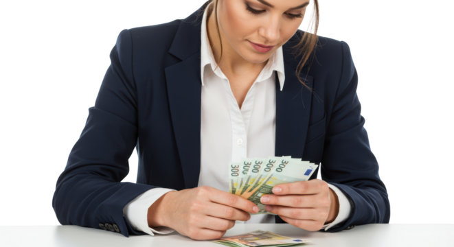 Businesswoman Carefully Counting Euro Banknotes