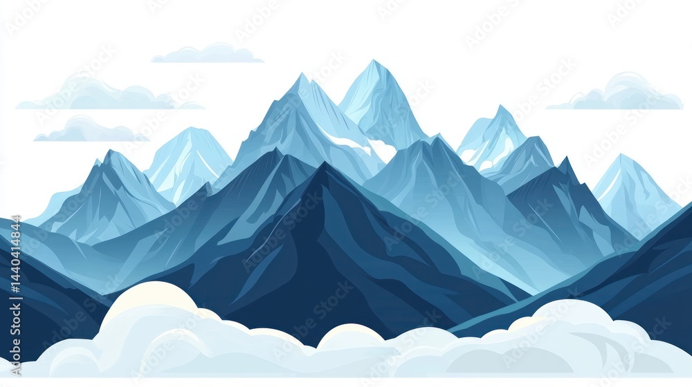 Poster mountain range with jagged peaks and soft clouds above on white background.
