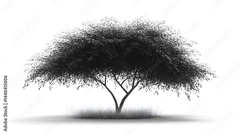 Poster silhouette of a lush tree with two trunks, standing in a patch of grass against a stark white backgr