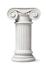 Ancient greek Classical white column with intricate Ionic isolated on white background