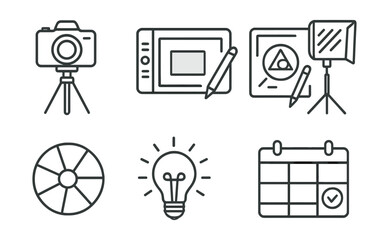 Creative tools icons set – camera, tablet, sketch, lighting, palette, idea, calendar