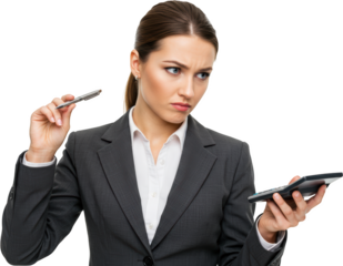 Businesswoman in Thoughtful Pose with Pen and Calculator