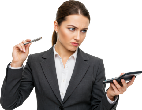 Businesswoman in Thoughtful Pose with Pen and Calculator - Powered by Adobe