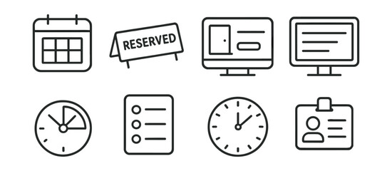 Business and office icons set – calendar, reserved, monitor, clock, checklist, id badge