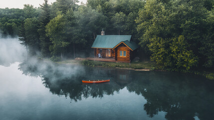 Obraz premium serene cabin by lake surrounded by lush trees and soft morning mist, perfect for relaxation