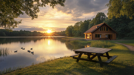 Fototapeta premium serene lake view with cozy cottage, picnic table, and ducks swimming at sunset