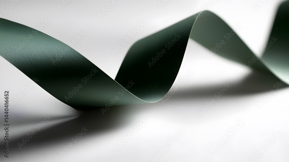 Poster abstract image of a dark teal ribbon swirling on a white background. the ribbon's texture and shadow