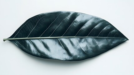 Close-up of a single, dark teal leaf isolated on a white background.  The leaf's intricate vein structure is clearly visible, showcasing its natural beauty and texture.