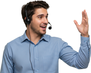 Cheerful Customer Service Representative with Headset Waving Hand