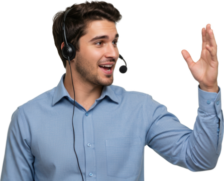 Cheerful Customer Service Representative with Headset Waving Hand