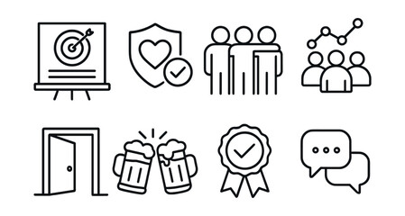 Business and teamwork icons set – target, shield, team, graph, meeting, door, beer, badge, chat