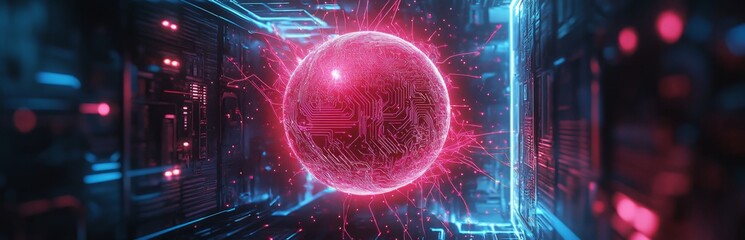 High-tech glowing sphere in futuristic server room