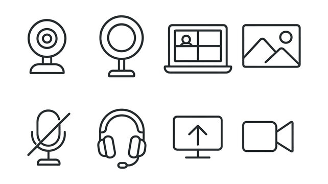 Video conferencing icons set – webcam, display, mute, headphones, gallery, picture, upload
