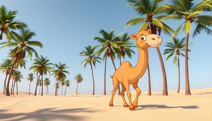 Cartoon Camel Walking Among Palm Trees in Sunny Desert Oasis