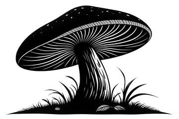 Majestic Mushroom Illustration A Black and White Artistic Depiction of a Fungus in its Natural Habitat, Showcasing Intricate Details and Textural Contrast