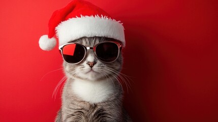 Cute cat wearing Santa hat and sunglasses