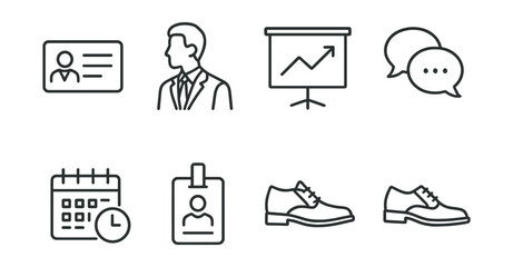 Business and office icons set – id, suit, presentation, chat, calendar, badge, shoes