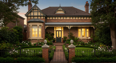 Fototapeta premium Charming Brick Home With Beautiful Garden And Classic Architecture