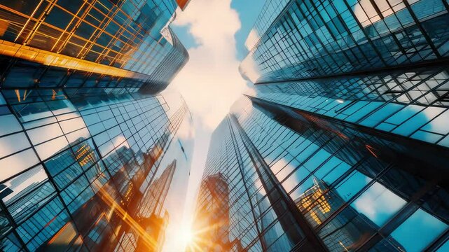 Modern office building or business center. High-rise window buildings made of glass reflect the clouds. empty street outside  wall modernity civilization. growing up business