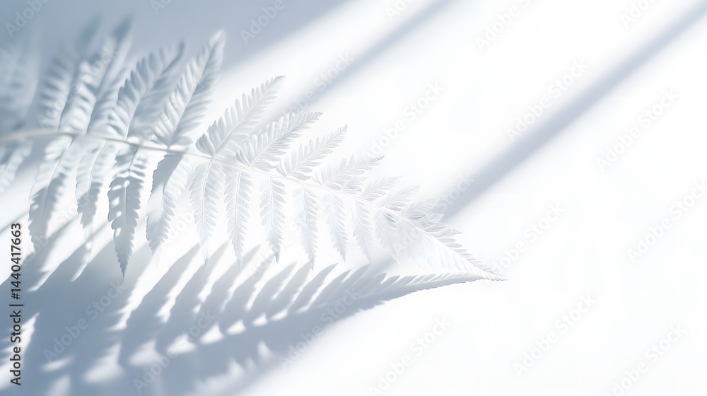 Poster delicate white fern frond casts a soft shadow on a bright white background. minimalist botanical ima
