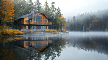 Obraz premium serene lakefront house surrounded by autumn trees and morning mist reflecting on water