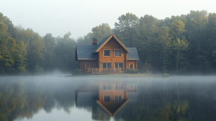 Fototapeta premium serene lakefront rental house surrounded by morning mist and lush trees reflects beautifully