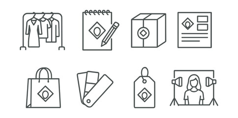 Clothing design and branding icons set – fashion, sketch, packaging, shopping, tag, photography