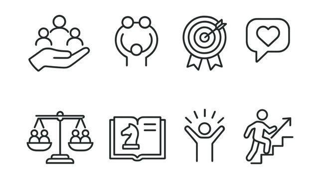 Community and success icons set – people, teamwork, target, heart, justice, learning, achievement