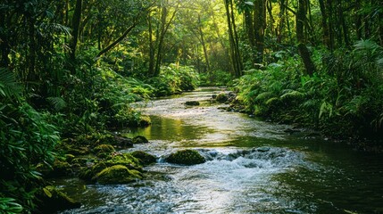 Obraz premium Narrow winding river reflecting sunlight through lush green forest on white background.